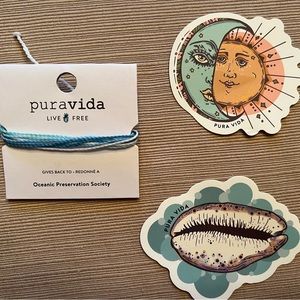 Pura Vida “Ocean Conservation” bracelet and two Pura Vida stickers